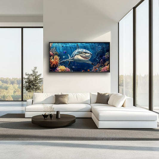 Large Ocean Shark Wall Art for Living Room, Framed Oversized Shark Fish Wall Decor Underwater Marine Life Canvas Painting Modern Artwork for Living Room Bathroom Bedroom Office Dining Room 60"x30"
