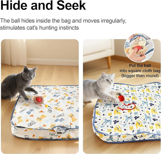Interactive Cat Toys Ball - 2pcs Automatic Fast Rolling Ball in Play Mat, Hide and Seek Mouse Catching Game, Low-Noise Cat Enrichment Toys in Pouch for Indoor Bored Cats(Heart Pattern-Square)