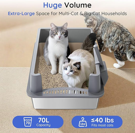 XXXL Stainless Steel Cat Litter Box with Lid, 28"x20"x12", Extra Large High Sided Metal Litter Box, with Scoop, Litter Mat, Non-Sticky, Anti-Urine Leakage, Easy to Clean for Big Cats and Multiple Cats