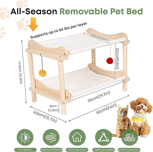 2-Layer Cat Hammock Bed, 24"x15.7"x16.3" Elevated Cat Bed with Pine Wood Frame, Breathable Washable Covers, Wooden Pet Furniture for Indoor Cats and Small Animals(White-2)