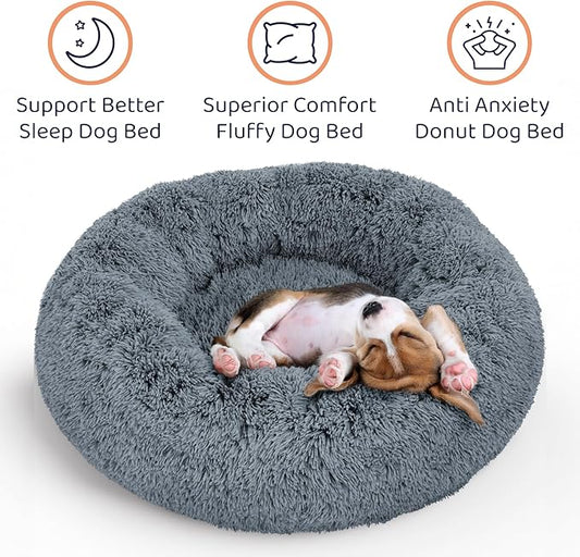 Donut Dog Bed - Premium Comfort for Anxiety Relief - Fluffy & Calming Design with Ultra-Plush Support | Cozy Round Dog Bed with Super Soft Circle Style (Size L Dark Grey)