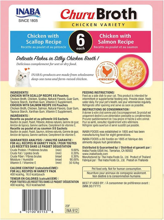 INABA Churu Broth for Cats, Side Dish Pouch, 1.4 Ounces per Pouch, 12 Pouches, Chicken Variety