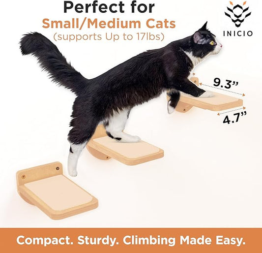 INICIO Cat Wall Stairs, Natural Wood - Set of 3 Wall Steps for Cats to Climb with Fixtures, 9.3"x4.7" - Floating Steps for Climbing or Playing - for Kittens and Adult Cats
