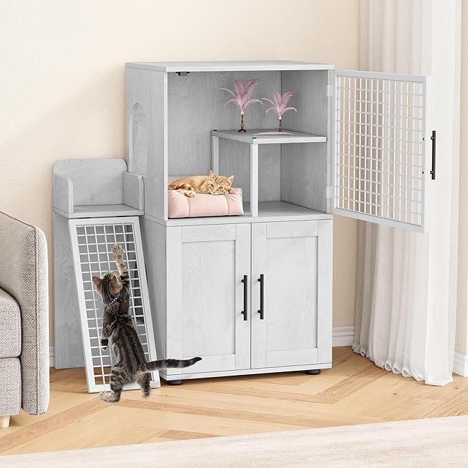 Cat Litter Box Furniture, Modern Cat Cabinet with Side Door, Double Layer Hidden Litter Box Enclosure & Pet House, Villa Style Cabinet with Side Door and Ladder for Indoor Cats