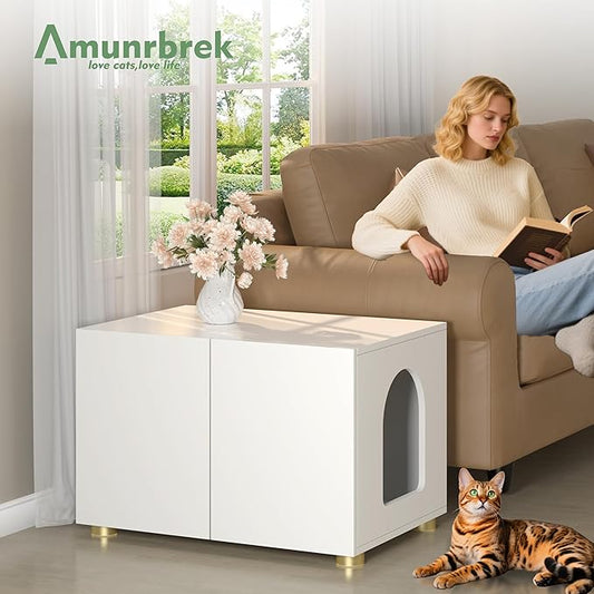 Small Litter Box Enclosure, Sleek Modern Cat Litter Box Cabinet Furniture, Wooden Cat House, End Table (White)