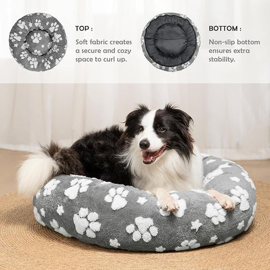 Donut Dog Beds for Medium Dogs, Calming Round Cat Beds for Indoor Cats, Cute 3D Textured Paw Pet Bed with Removable Washable Cover and Anti-Slip Bottom(Grey,30")
