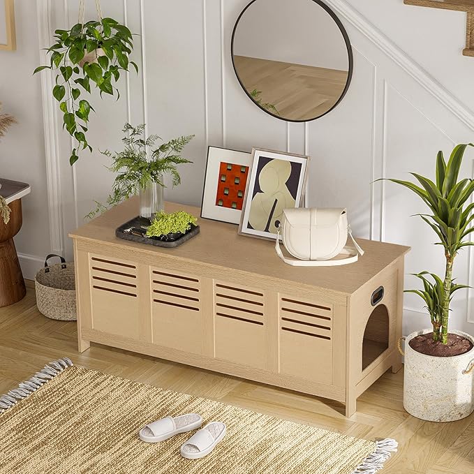 DINZI LVJ Litter Box Enclosure Furniture for 2 Cats, Flip Top Opening Hidden Litter Box with Double Rooms, Dual Pet House with Good Ventilation, 47.2" Wooden Cat Washroom, Easy Assembly, Natural
