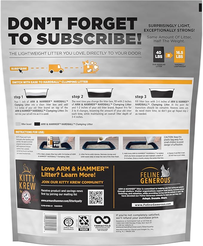 ARM & HAMMER Hardball Lightweight Platinum Multi-Cat Clumping Cat Litter Odor Control, Easy No-Mess Scooping, Garden Bloom Scent, 16.5 Lbs.