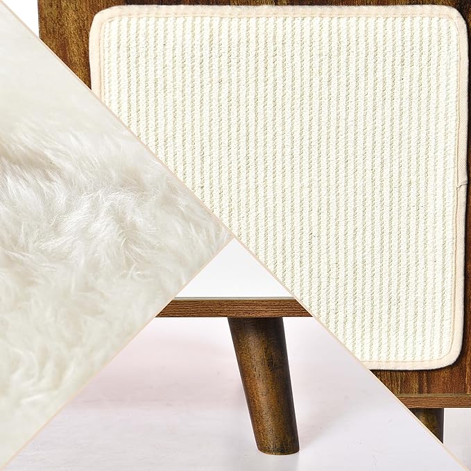 Cat House Wooden Cat Condo Cube Shaped,Modern Cat Bed Side Table & Nightstand,Cat Shelter Furniture with Cushion Cat Scratch Pad,Brown