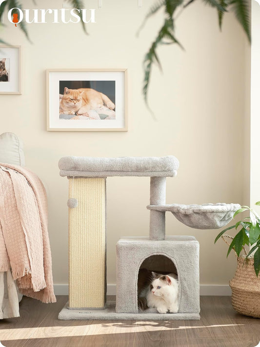 Ouritsu Cat Tree, 27 inch Cat Tower for Large Cat Indoor, Enlarged Condo, 1 Widened Padded Perch, Luxury Tall Scratching Post, Fluffy Basket, Light Gray, MF002GA