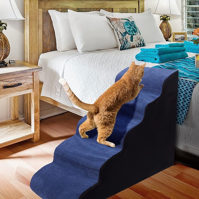Dog Steps&Stairs for High Beds 24.4 inches High Up to 24-28 inches Bed, Tall Extra Wide Pet Stairs/Steps for High Bedsides,Non-Slip Dog Ramps for Small Older Dogs/Cats(Blue)
