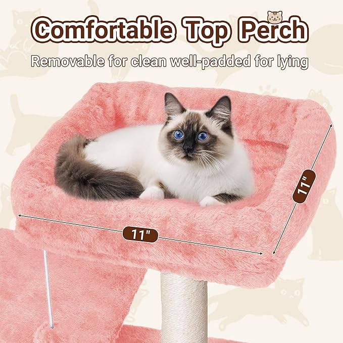Cat Tree, 54-Inch Cat Tower for Indoor Cats,Plush Multi-Level Cat Condo with Scratching Posts, Basket, Perches,2 Caves,2 Pompoms(Pink)