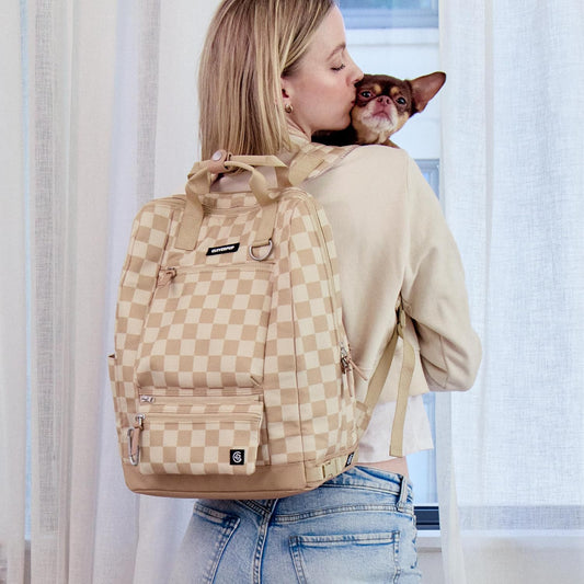 Porter 2-in-1 Dog Gear Backpack – Premium Dog Travel Bag with 10 Pockets, Zip-Off Treat Pouch, Leash Clip, Waterproof Pockets & Water Bottle Holder – Weekend, Hiking, Camping, Checkerboard