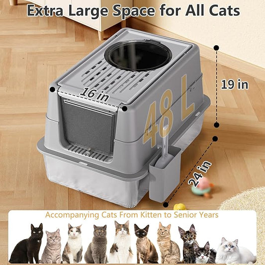 Stainless Steel Litter Box with Lid, XXL Extra Large Metal Cat Litter Boxes for Big Cats Enclosed, Easy to Scoop with Litter Scoop Set, High Sides Enclosure Anti-Urine Leakage Non-Sticky, Black