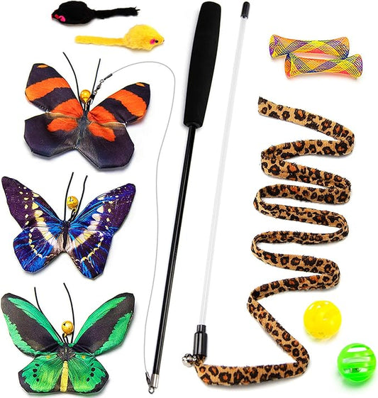 AWOOF Butterfly Cat Wand Cat Toys Set, Realistic Crinkle Catnip Butterflies Kitten Toys with Retractable Interactive Cat Wand 11 PCS Cat Toys for Indoor Cats