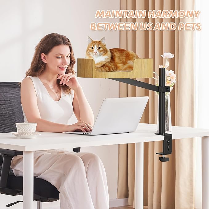 Cat Desk Bed – Cat Bed for Indoor Cats with Adjustable Height&360° Rotation, Elevated Desk Nest Cats Beds for Table, Desktop Cat's Hammock for Small Space, Wooden Cat's Bed Desktop Kitten Furniture