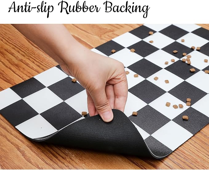 Ralxion Checkered Dog Feeding Mat, Absorbent Mats for Dog Food and Water Bowl, Dispenser, Modern Aesthetic Black White Checkerboard Pet Placemat for Dogs, Cats, Puppy Accessories, 12" X19”