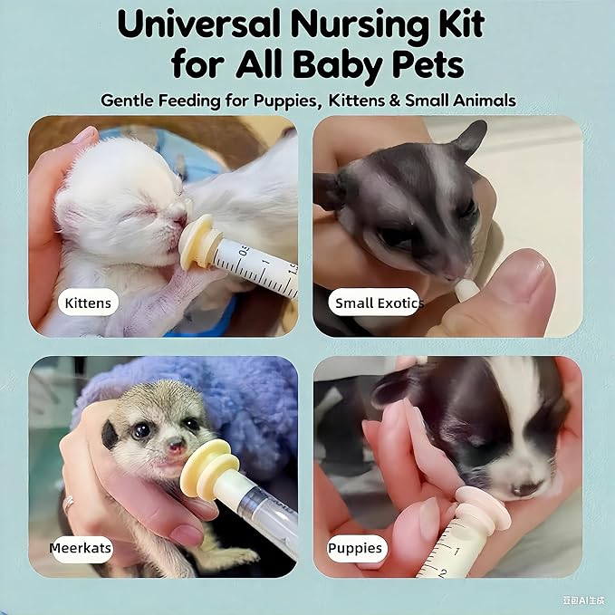 Pet Nursing Kit, Kitten Bottle Feeding Set with Nursing Nipples, Formula Dispenser, Liquid Syringe for Newborn Puppies and Kittens