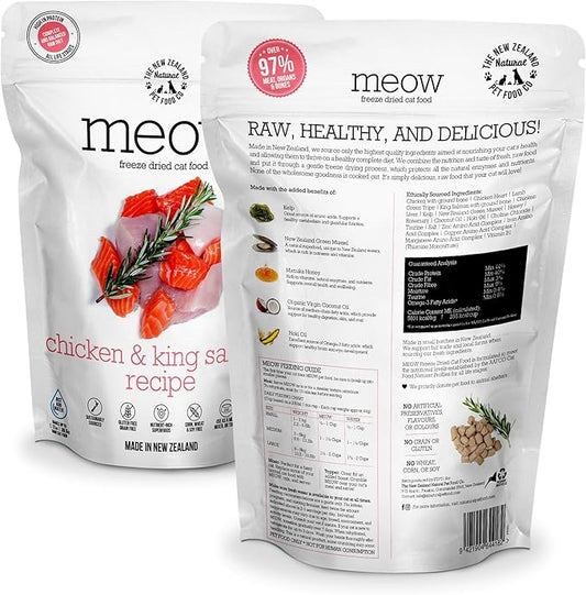 Meow Chicken & King Salmon Freeze Dried Raw Cat Food, Mixer, or Topper, or Treat - High Protein, Natural, Limited Ingredient Recipe 9.9 oz