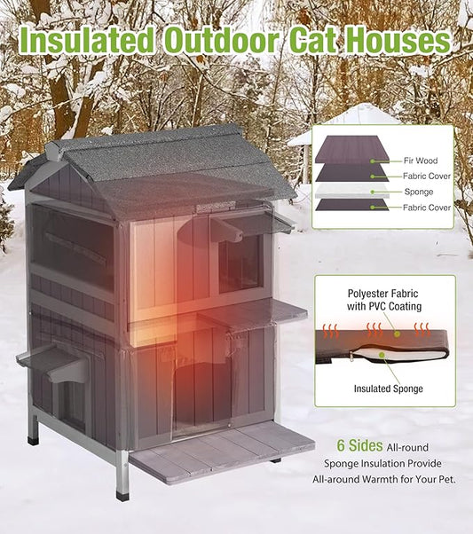 GUTINNEEN Insulated Cat House Outdoor for Winter, 2-Story Feral Cat Shelter Weatherproof with Large Acrylic Window, Movable Floor & Multiple Jumping Platforms for Outdoor Cats