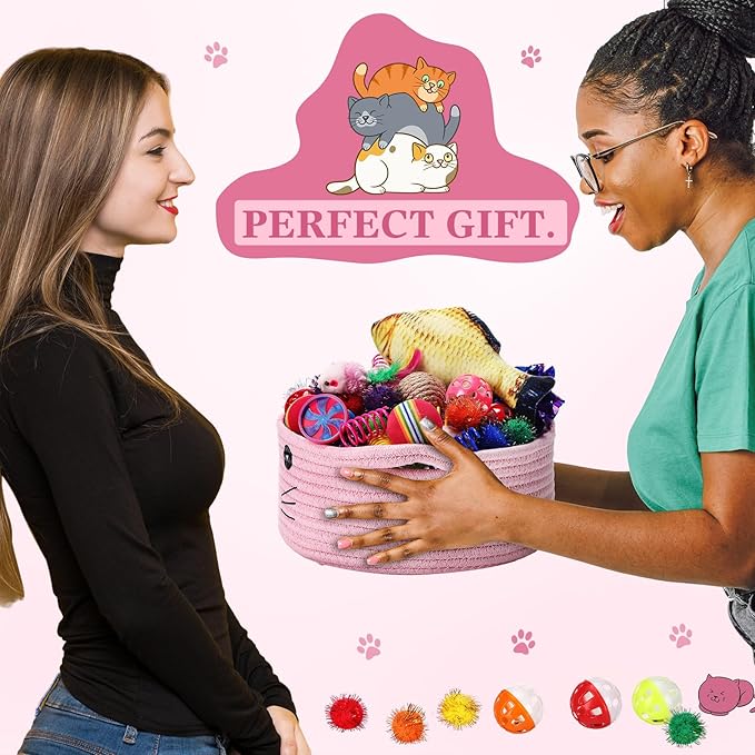 Zopeal 58 Pcs Cat Storage Basket Gift Toys Set, Colorful Flashing Balls Pet Bell Crinkle Balls Spring Toys Attract Cat to Swat, Bite, Hunt, Interactive for Pet(Pink,9.8 Inch)