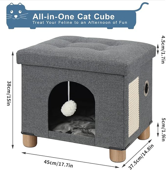 BRIAN & DANY Cat House for Indoor Cats, Cat Cave Bed for Pet, Cat Cube with Cat Scratch Board & Cat Ball,17.7 x 14.8 x 15 inches, Grey