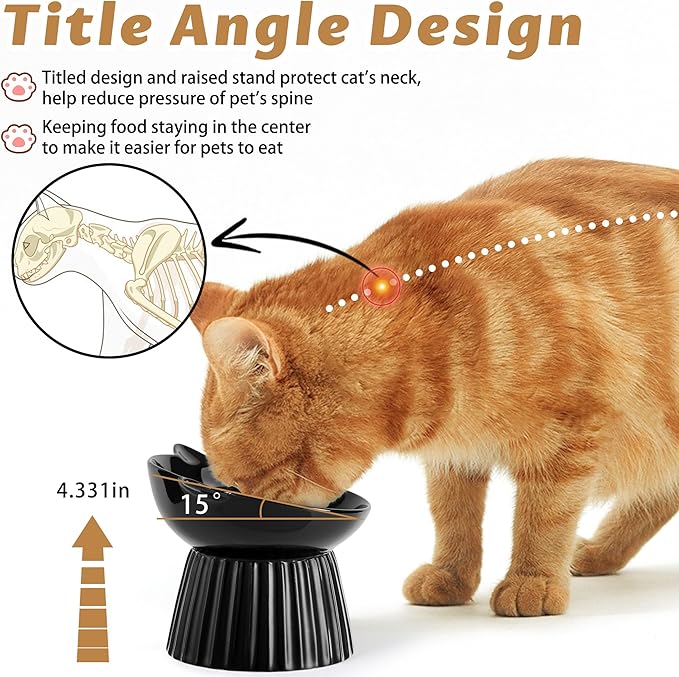 Ceramic Raised Cat Bowl,Tilted Raised Bowl Anti Vomit for Indoor Cats Whisker Friendly Pet Feeder for Cats Puppies, Microwave and Dishwasher Safe (Black)