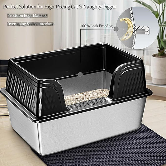 Vealind XXL Stainless Steel Cat Litter Box High Sided with Lid 23.7" L x 16" W x 12" H Side Entry Extra Large Metal Cat Litter Pan with Scoop and Mat for Big Cats Black