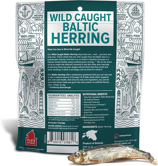 PLATO Pet Treats Fish Dog Treats - Air-Dried, Single Ingredient Dog Treat - with Omega 3 & 6 Fatty Acids to Support Skin and Coat - 100% Whole Fish - Wild Caught Baltic Herring Dog Treats - 3oz