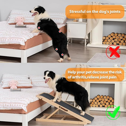 Dog Ramp for Bed Couch - Pet Steps Stairs to Get on Bed Couch 11.8"-19.6" High for Small or Large Dog Up to 200 lbs, Adjustable Wooden Dog Ramp Steps Foldable Portable, Anti-Slip Carpet (Black)