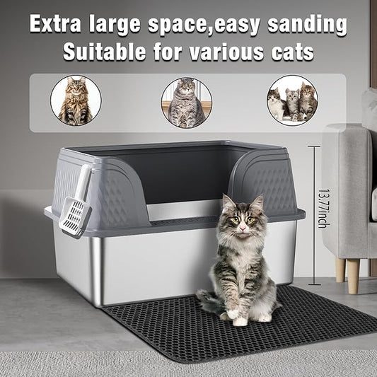Suhaco Extra Large Stainless Steel Litter Box with Lid XXXL High Sided Cat Litter Boxes Included Litter Mat & Litter Scoop Anti-Urine Leakage Metal Pet Toilet for Big Cats (Grey XXXL)