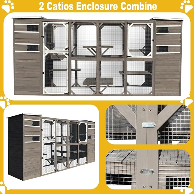 Large Outdoor Catio Enclosures - Wooden Cat House Weatherproof with Multi Platforms & Weather Resistant Roof, Indoor Interoperability - 71" H 77" L