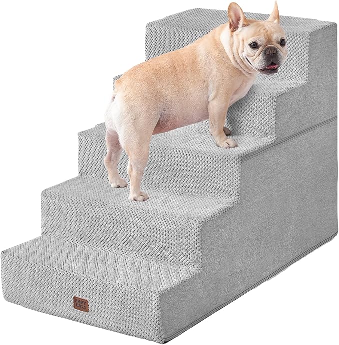 EHEYCIGA Dog Stairs for High Bed 25" H, 5-Step Extra Wide Dog Steps for Bed, Pet Steps for Small Dogs and Cats, Non-Slip Balanced Pet Ramp Indoor, Light Grey