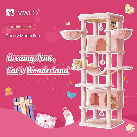 MWPO Pink Extra Large Cat Tree, 77.6-Inch Tall Cat Tower for Indoor Cats with 2 Condos, Multi-Level Cat Stand for Large Cats, 3 Hammocks, Wide Perch, Scratching Posts, Dangling Toys