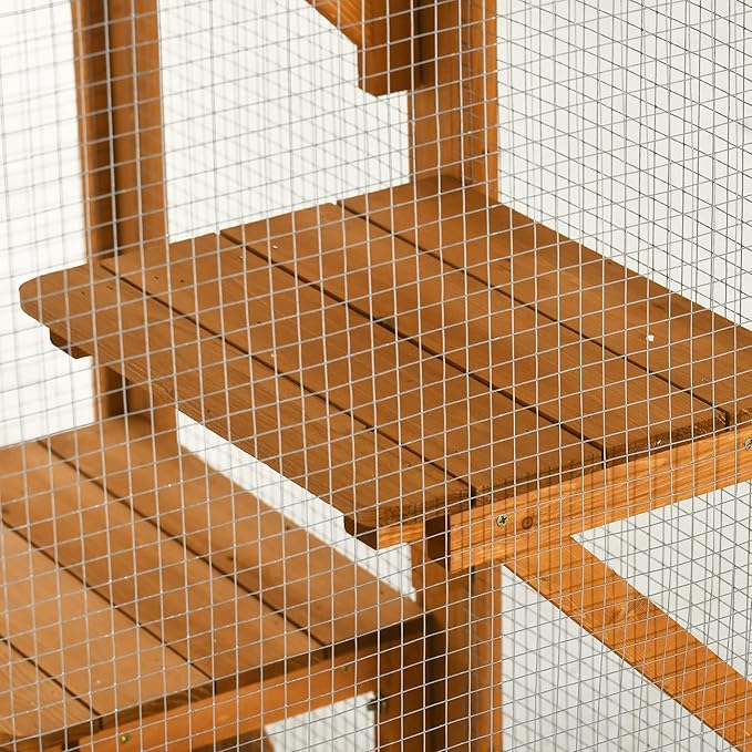 PawHut Outdoor Cat House, Catio Wooden Feral Cat Shelter, Cat Cage with Platforms, Large Enter Door, Weather Protection Asphalt Roof, 71" L, Orange