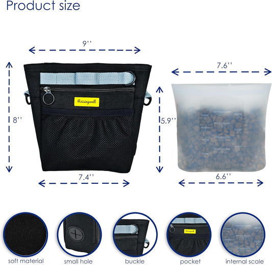 Dog Treat Pouch with Magnetic Closure 4-Cup Silicone Bag Fanny Pack Holder with Clicker 4 Ways to Wear Front Pocket Fits All Phones Ideal for Leash, Pet Walking and Training(Black)