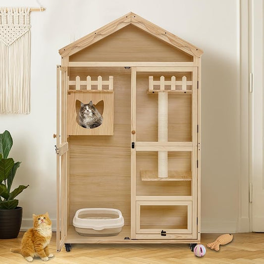 MCombo Wooden Indoor Cat House, Cat Condo with Entrance, Kitten Cage Catio with Lockable Doors and Wheels, CT291