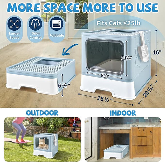 Cat Litter Box with Litter Mat, Foldable Extra Large Free in and Out/One-Way with Lid, Drawer Type Enclosed Kitty Litter Box,Odor Control Anti-Splashing Easy Cleaning (Blue)