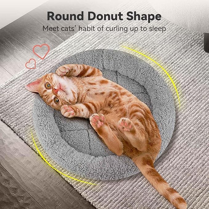 PETLESO Small Cat Bed Mat with Surrounding Pillow, 13.78" Round Soft Cushion for Cats Puppy Rabbits Curling Sleep, Indoor Furniture/Carrier/Crate Pet Self Warming Anti Skid Pad, Washable, Small