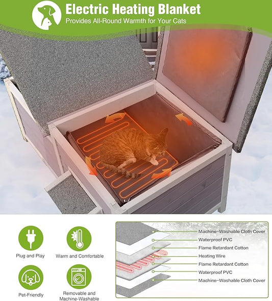 GUTINNEEN Heated Cat House for Outside, Insulated Cat House Outdoor Weatherproof with Bite-Resistant Wires, Electric Heating Mat, 2 Access Doors & Openable Roof