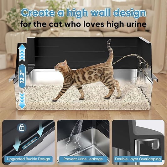XXXL Extra Large Cat Litter Box,Stainless Steel Litter Box,Metal Litter Boxs with Hight Sides,with Pedal &Garbage Shovel,for Big Cats &Multiple Cats, Anti-Urine Leakage,Non-Stick,Easy Clean,Black.