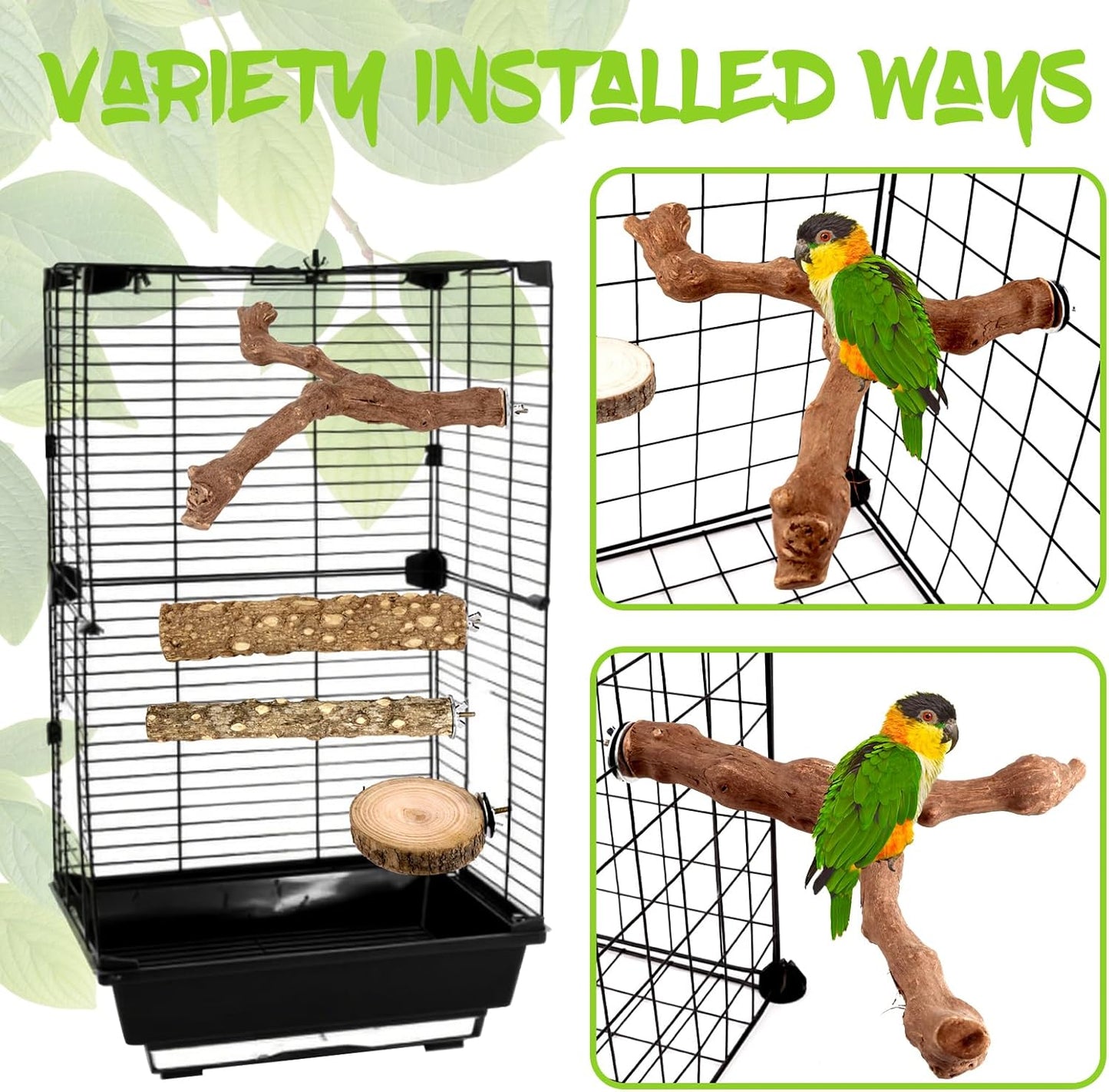 Natural Wood Bird Perches for Cage, Parrot Perch Stand & Platform, Bird Cage Accessories for Parakeets, Cockatiels, Conures, Lovebirds (Brown, Natural Grapewood Variety Set - 8PCS)