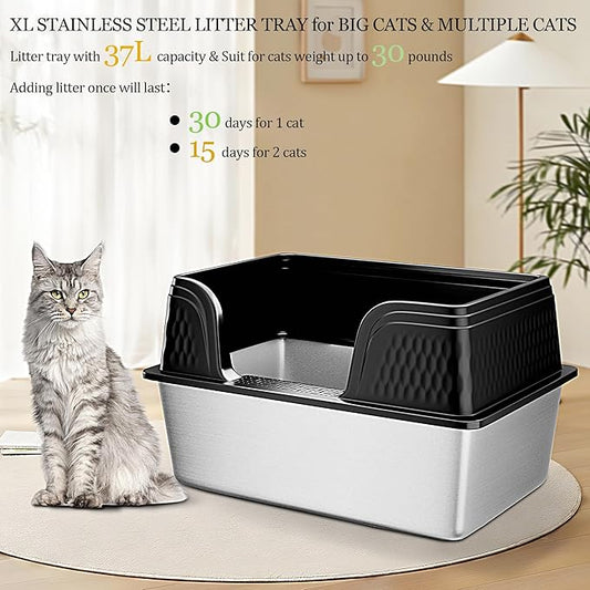 Vealind XXL Stainless Steel Cat Litter Box High Sided with Lid 23.7" L x 16" W x 14" H Side Entry Extra Large Metal Cat Litter Pan with Scoop and Mat for Big Cats Black