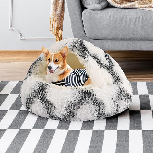 Round Hooded Cat & Dog Bed with Cover Cave, Faux Fur Cuddler, Self Warming Donut Bed (Grey White, 20" x 20")