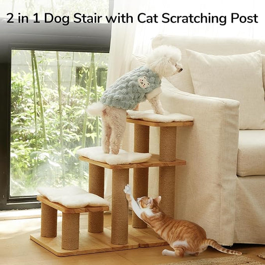 FUKUMARU Dog Stairs, Solid Wood Pet Stairs with Cat Scratching Post, Transformable Cat Ramp Can Hold Up to 200 lbs, 20 Inch Pet Steps for Dogs and Cats to Climb High Bed and Couch, Over 6 Combinations