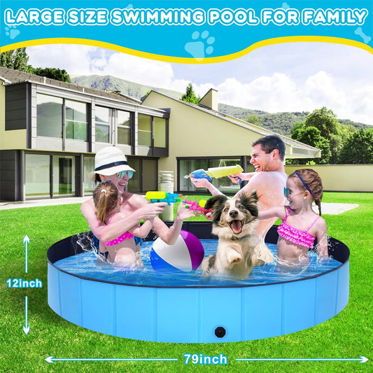Foldable Dog Pool - 79" x 12" Anti-Slip Portable Dog Swimming Pool, Hard Plastic Collapsible Kiddie Pool for Outdoor and Indoor for Pets Dogs Cats and Kids