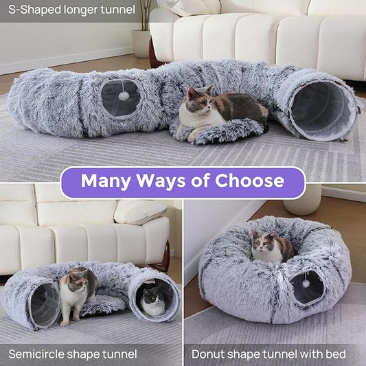 Plush Cat Tunnel Bed for Indoor Cats with Soft Cushion, Multi-Shape Play Cave with Hanging Balls, Large and Foldable Cat Donut Tunnel for Small and Large Pets (Grey)