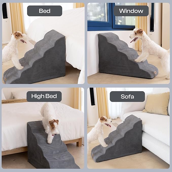 5-Step Curved Dog Stairs for High Beds Up to 30", Non-Slip Foam Pet Ramp for Small and Medium Dogs and Cats, Washable Cover, Soft Climbing Steps for Couch & Sofa