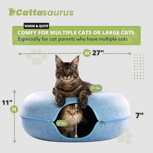 Cattasaurus Peekaboo Cat Cave for Multiple & Large Cats Up to 30-45 Lbs, Scratch Detachable & Washable Tunnel Bed, Comfy Donut Cat Cave (Blue, Jumbo)