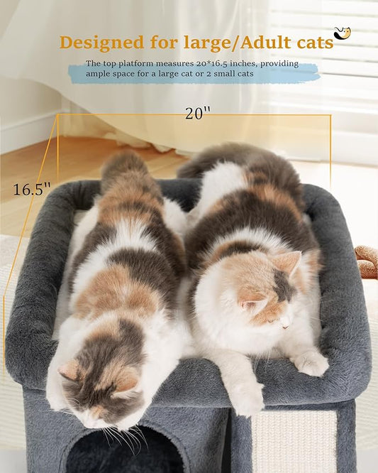 14‘’ Cat Tree Tower with Scratching Post, 20 * 16.5in Perch Bed for Large Adult Cats, Condo Cave for Indoor Small Medium Kittens, Dark Gray